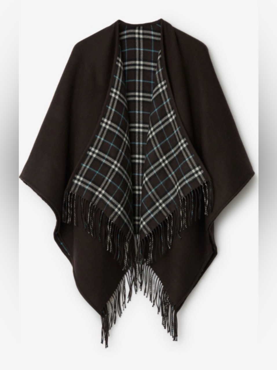 Fringed Plaid Reversible Wrap - Dark Brown With Gray & Teal Plaid